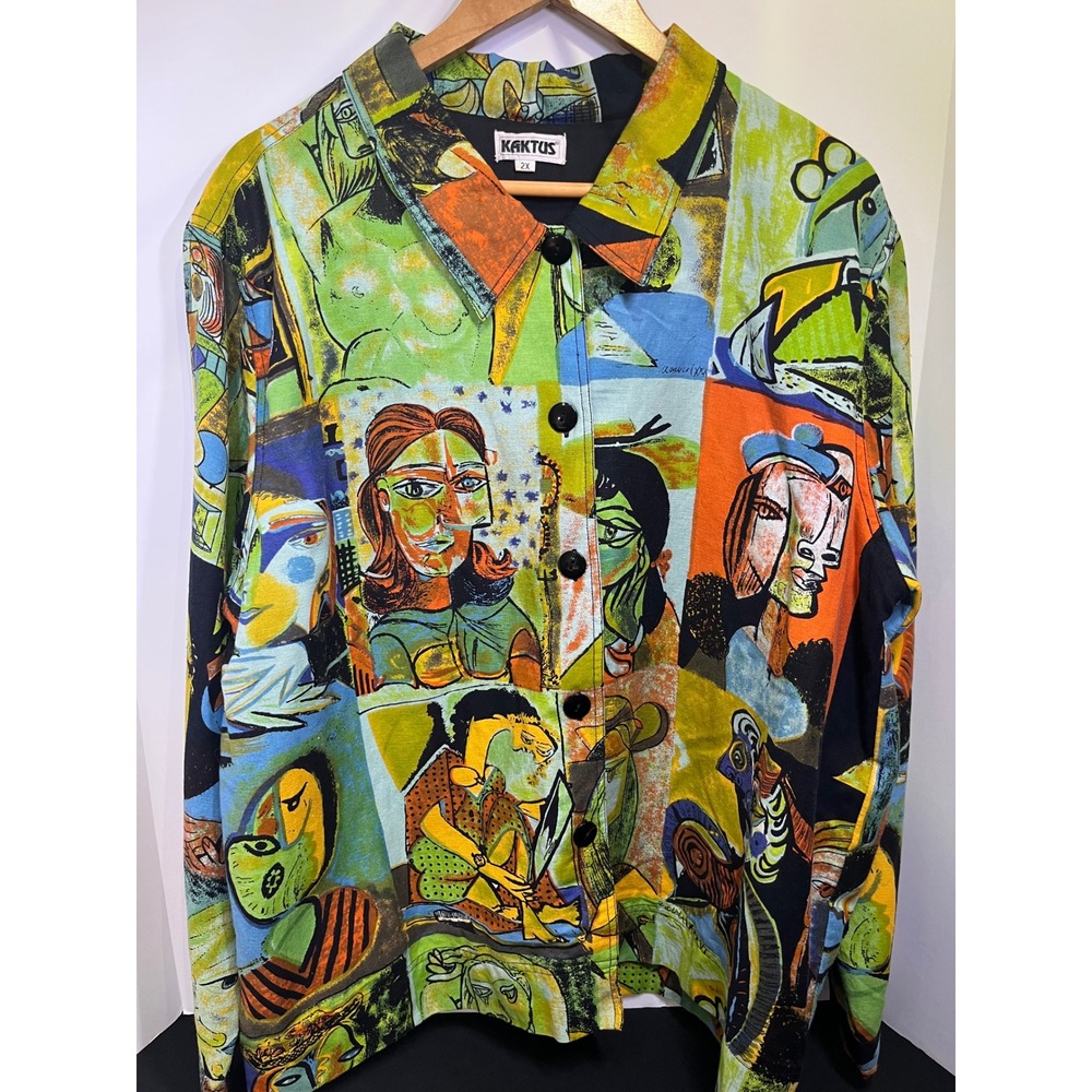 Kaktus Picasso Art Print Button Front Shirt Womens 2X Cubist Portrait Multi